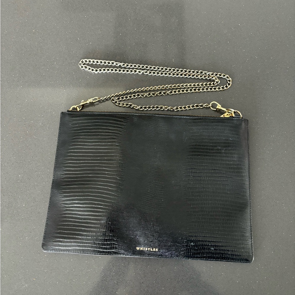 Whistles Rivington Leather Clutch, Black Shiny Croc
